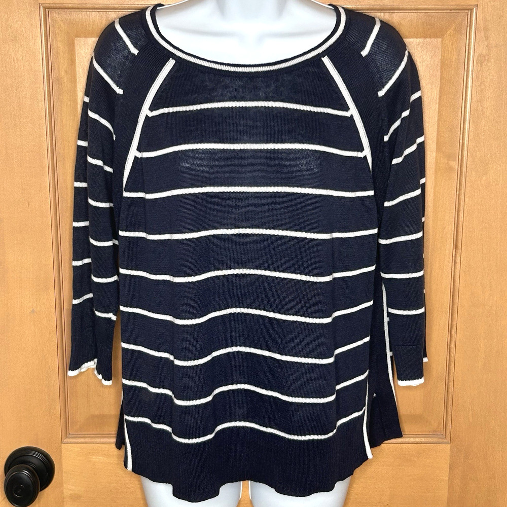 Kinross‎ Linen Top L Blue White Nautical Stripes Boxy Raglan 3/4 Sleeves
